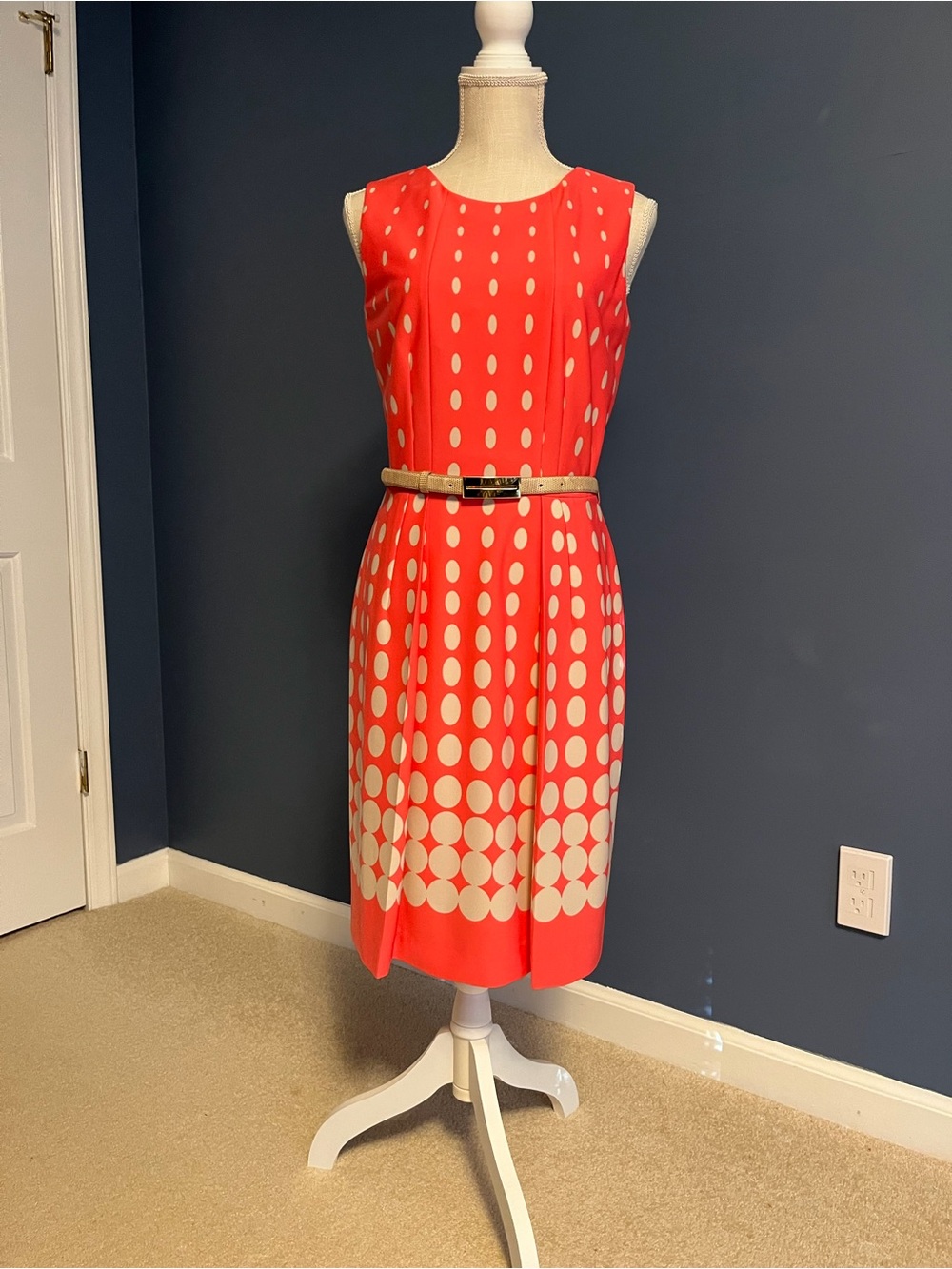 Tahari coral Dot Sheath Dress with Belt